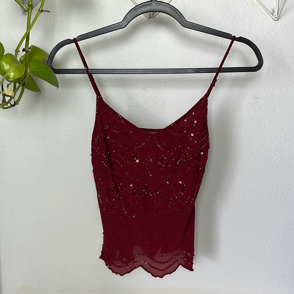 Red shear tank top with beading xs